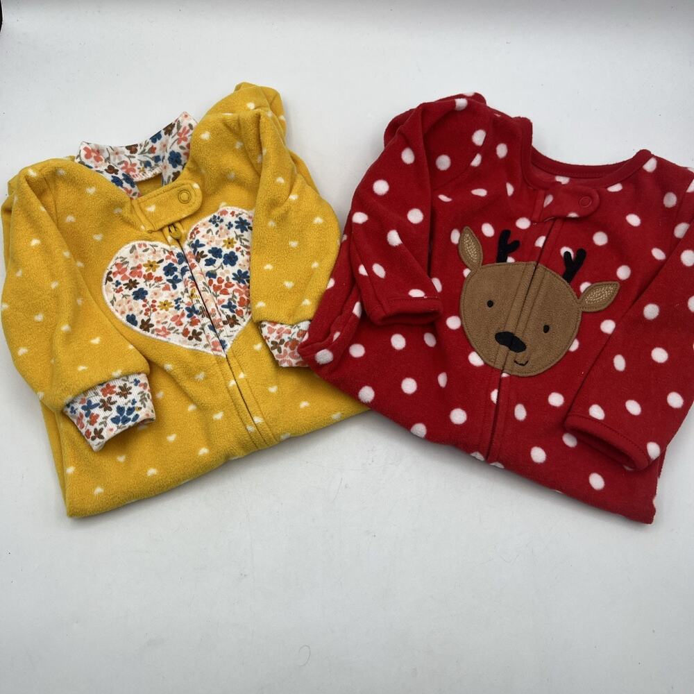 Carter's Just One You Size 3M Reindeer & Heart Fleece Footed Pajama 2 Pc Pre-own